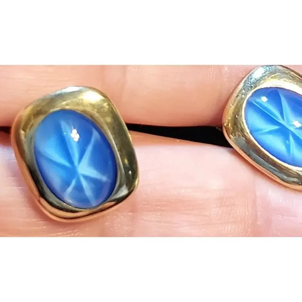 Blue Cuff‎ Links Faux Star Sapphire Vintage Gift for Him Cufflinks Gold-tone cl-